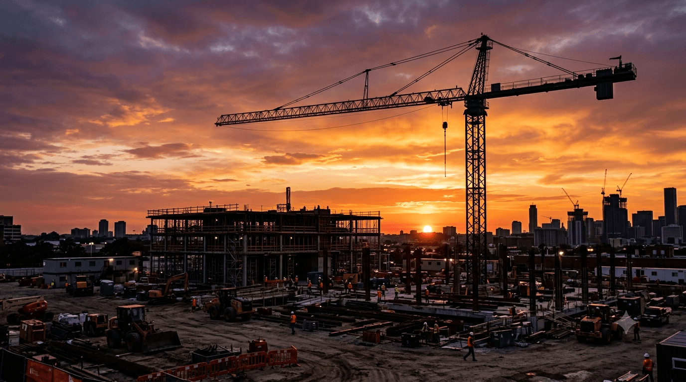 A construction site beneath tower cranes at dusk