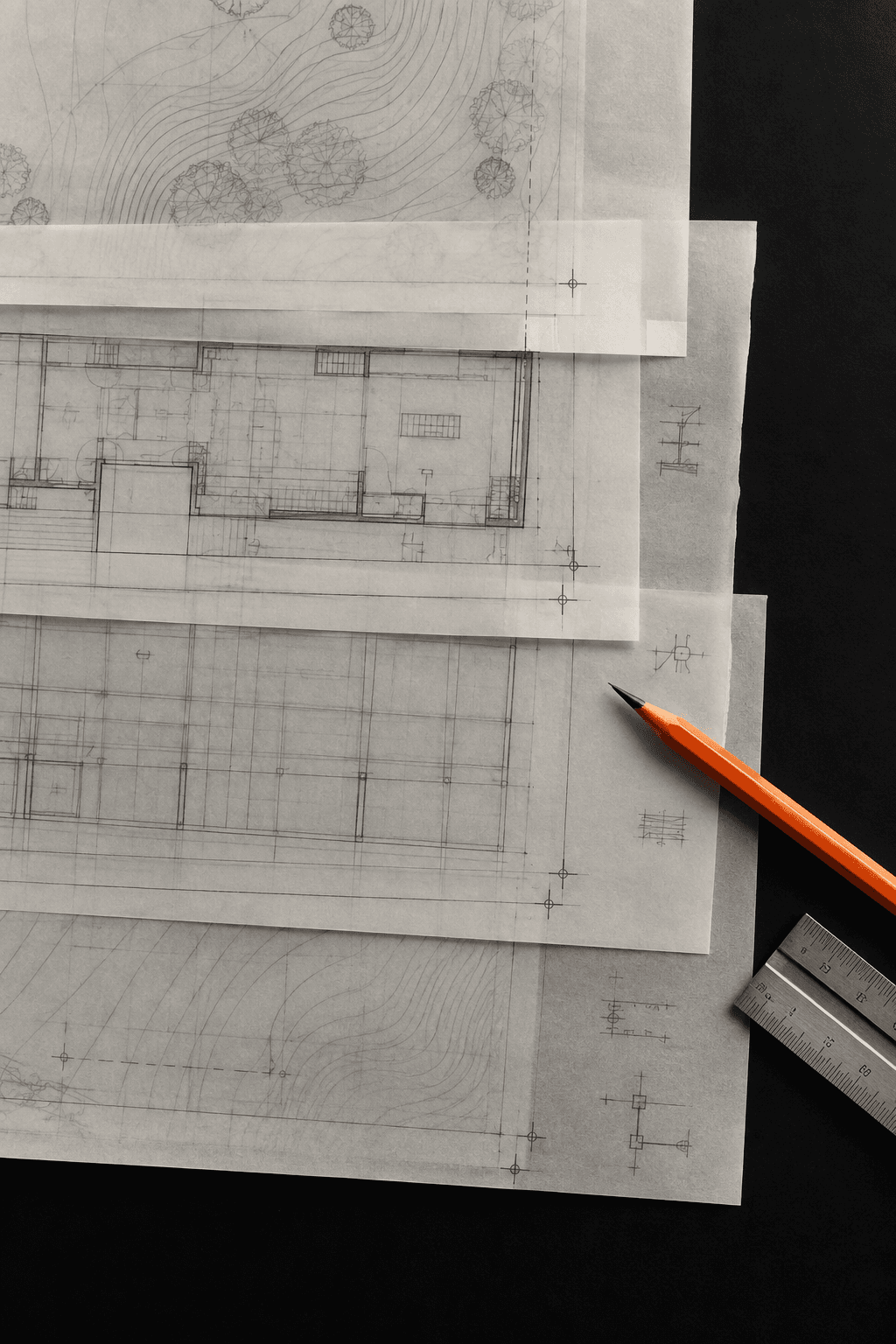 Layered translucent architectural drawings aligned with blue registration marks