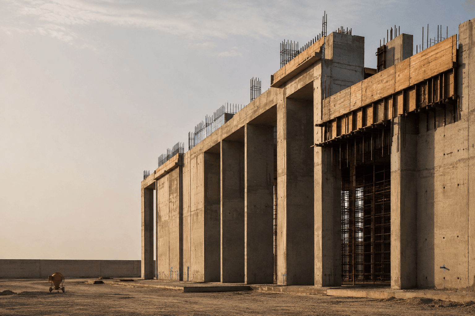 Architectural structure in board-formed concrete under construction